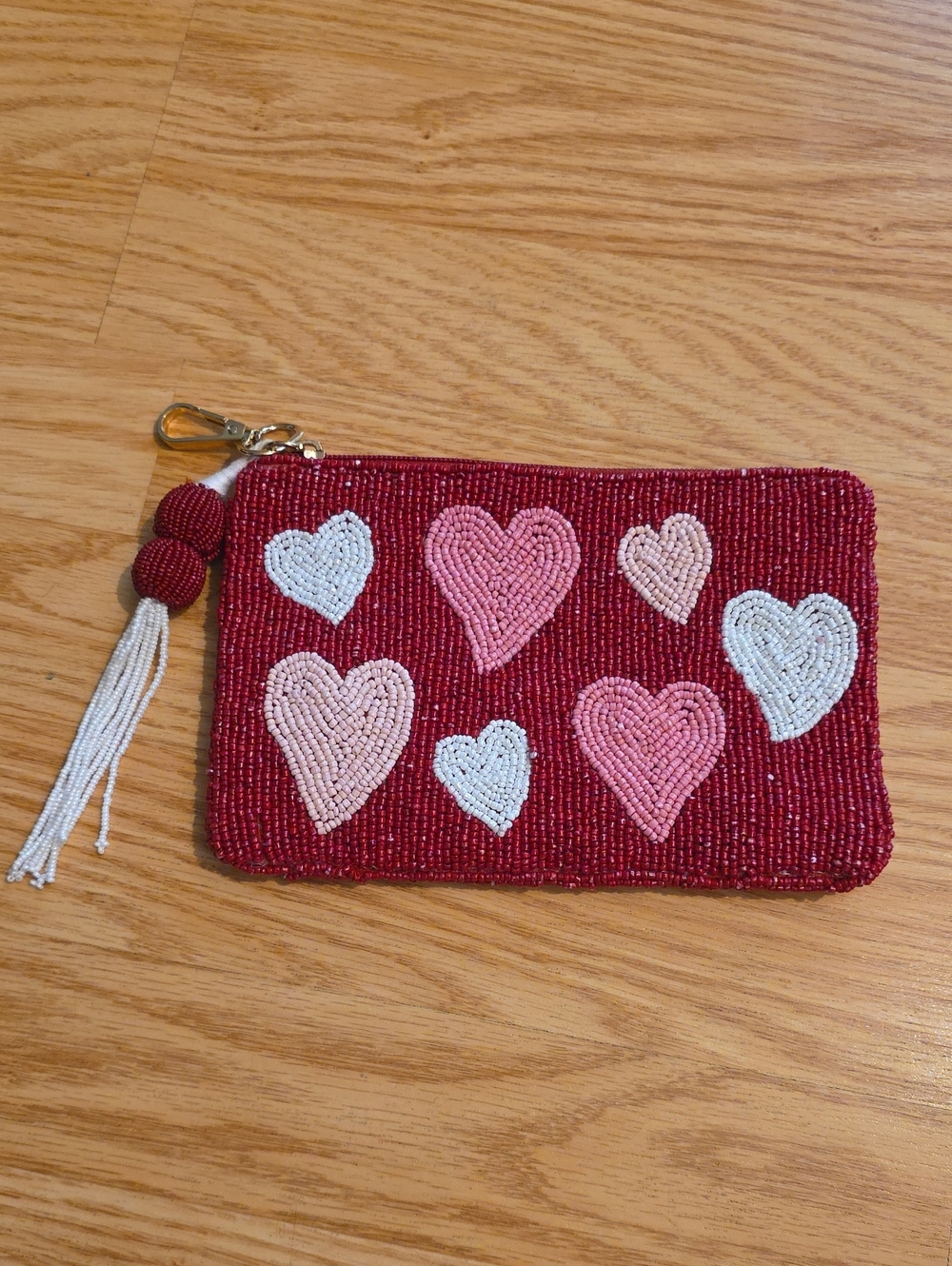 Beaded Heart Wristlet Pouch - Red with Pink & White Hearts